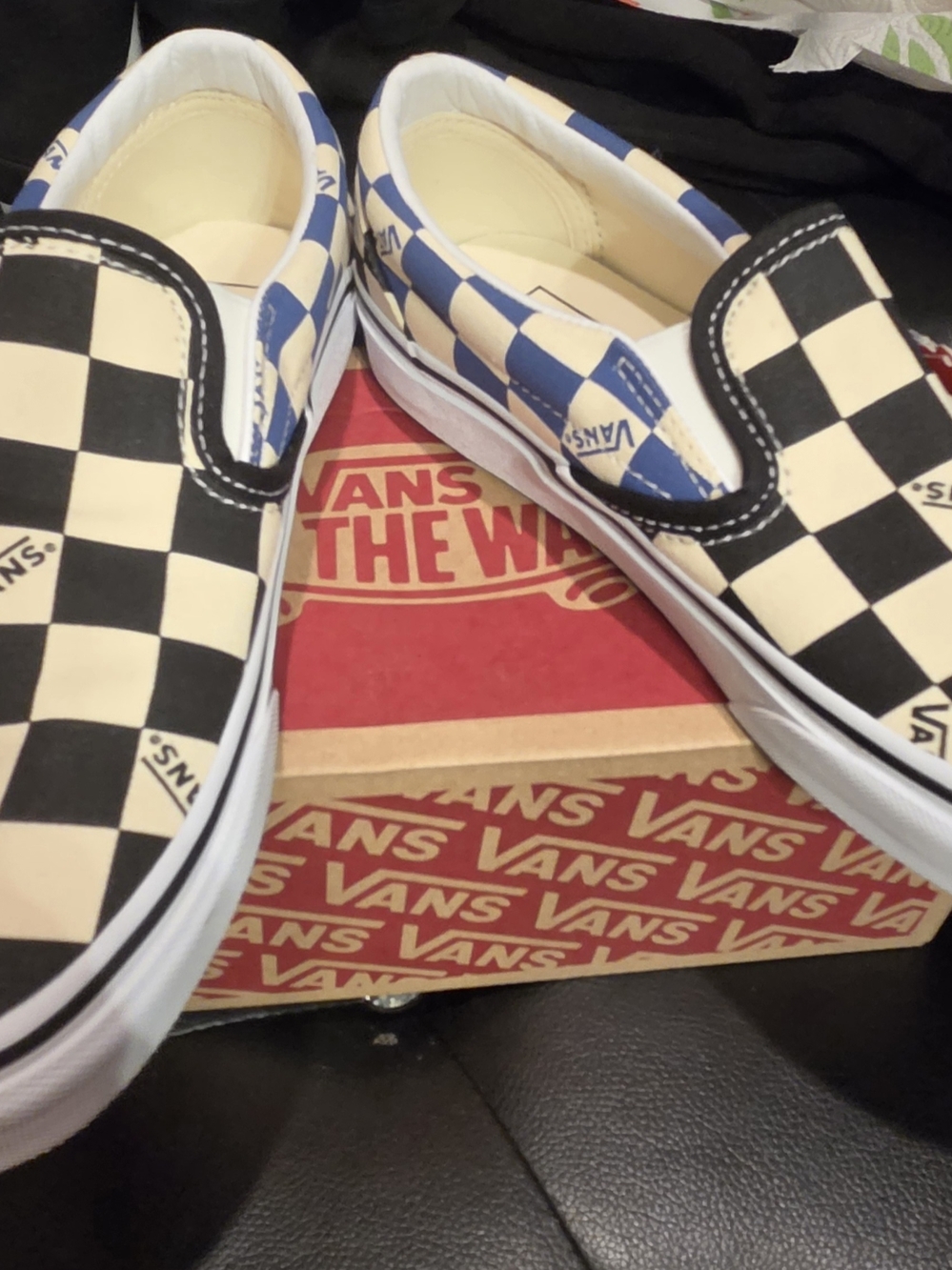 NWT Vans Checkerboard Slip-On in Black, Cream & Blue